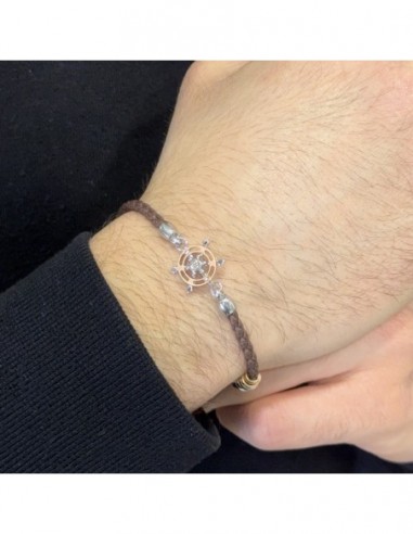 Bracciale Argento Rodiato Rosa Dei Venti Laccio Marrone [0cf593be]