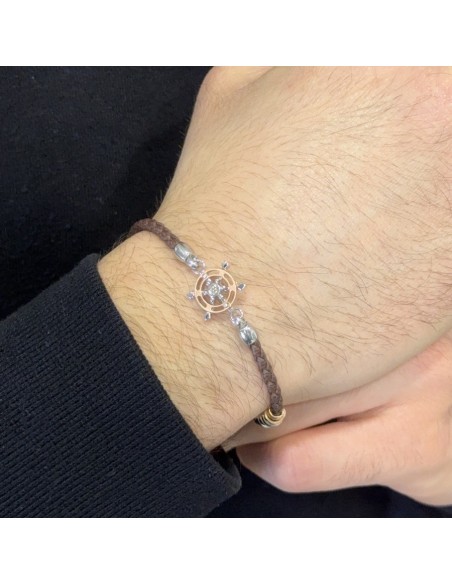 Bracciale Argento Rodiato Rosa Dei Venti Laccio Marrone [0cf593be]