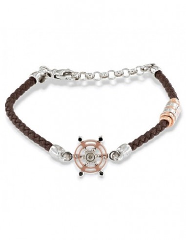 Bracciale Argento Rodiato Rosa Dei Venti Laccio Marrone [beb815a4]