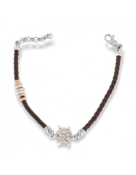 Bracciale Argento Rodiato Rosa Dei Venti Laccio Marrone [09a5d4a0]