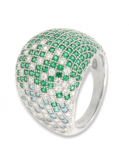Anello Argento Rodiato Cabochon Zirconi Bianchi Verdi Pavè [21027ce0]