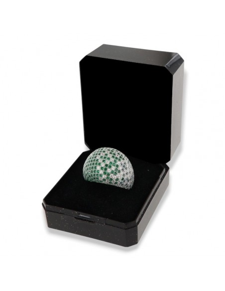 Anello Argento Rodiato Cabochon Zirconi Bianchi Verdi Pavè [11685ded]