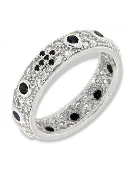 Anello Argento Rodiato Zirconi Neri E Bianchi Pavè [ddd1670b]