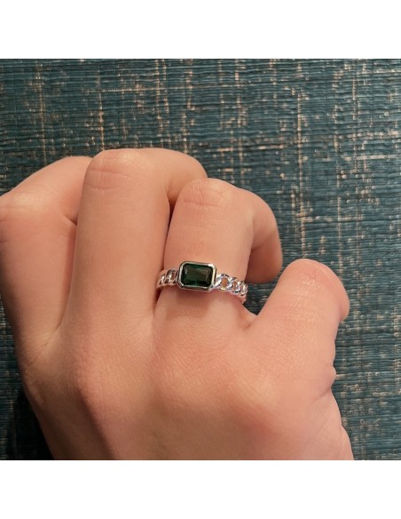 Anello Argento Rodiato Grumetta Zircone Verde [60ba3b2d]