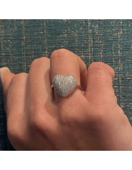 Anello Argento Rodiato Cuore Pavettato Grande Zirconi Bianchi [e25a1650]