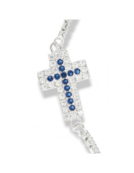 Bracciale Argento Tennis Crocifisso Centrale Zirconi Blu [64ee0f22]