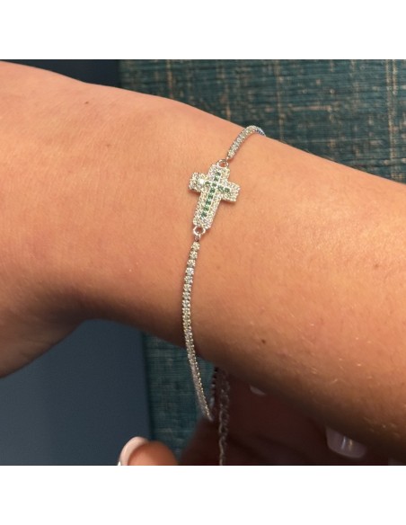 Bracciale Argento Tennis Crocifisso Centrale Zirconi Verdi [99e56172]