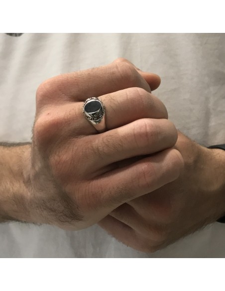 Anello Argento Rodiato Chevaier Onice Nera Greca Forata [5a146409]