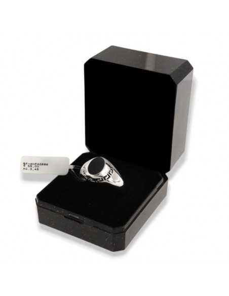 Anello Argento Rodiato Chevaier Onice Nera Greca Forata [317fa11e]