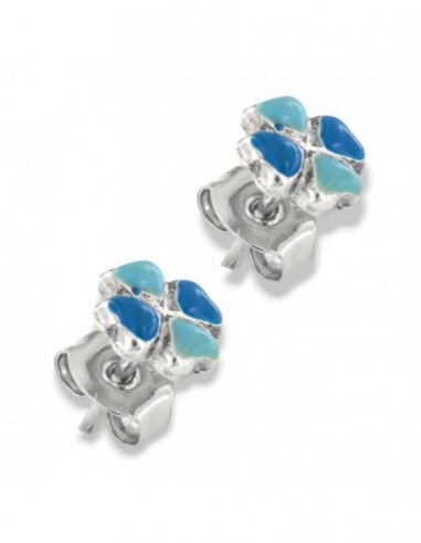 Orecchini Argento Rodiato Quadrifoglio Smaltato Blu E Celeste [195ef047]