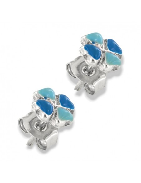 Orecchini Argento Rodiato Quadrifoglio Smaltato Blu E Celeste [195ef047]