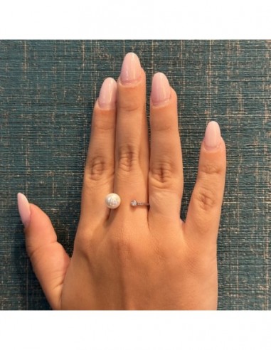 Anello Argento Rodiato Perla Bianca Gambo Aperto Zircone Bianco [040440bb]