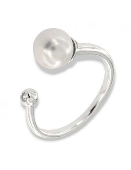 Anello Argento Rodiato Perla Bianca Gambo Aperto Zircone Bianco [b31981bf]