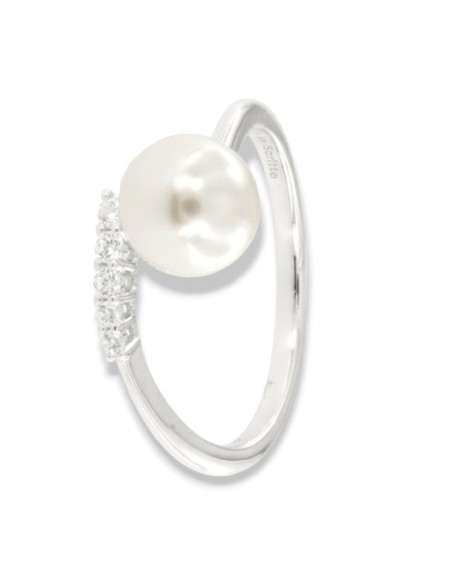 Anello Argento Rodiato Perla Gambo Aperto Zirconi Bianchi [f6414619]
