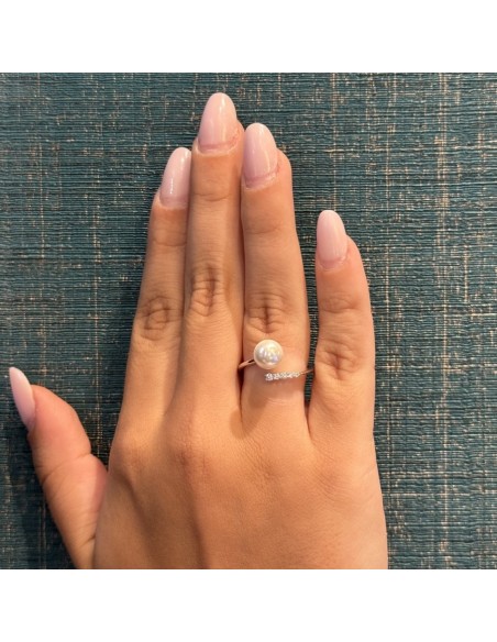 Anello Argento Rodiato Perla Gambo Aperto Zirconi Bianchi [53239ee9]