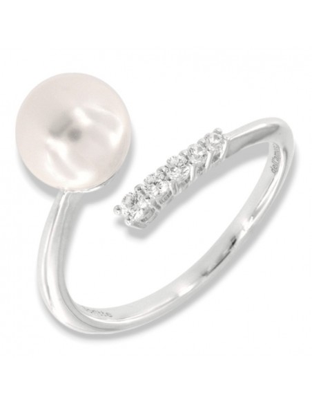 Anello Argento Rodiato Perla Gambo Aperto Zirconi Bianchi [e43e5fed]