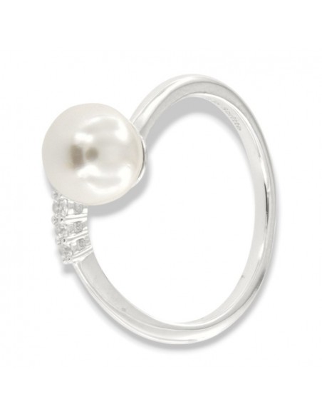 Anello Argento Rodiato Perla Gambo Aperto Zirconi Bianchi [e16e18f3]