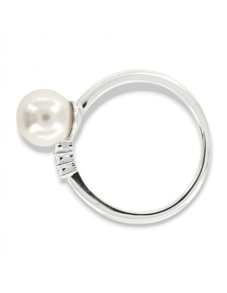 Anello Argento Rodiato Perla Gambo Aperto Zirconi Bianchi [5673d9f7]