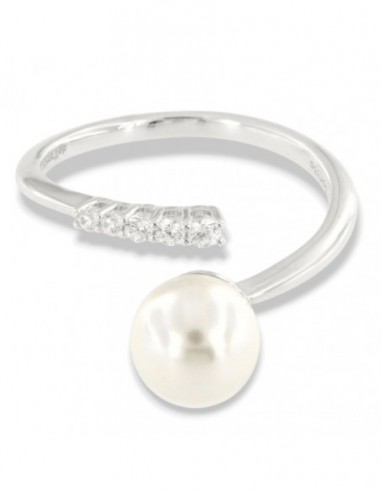 Anello Argento Rodiato Perla Gambo Aperto Zirconi Bianchi [8f559afa]
