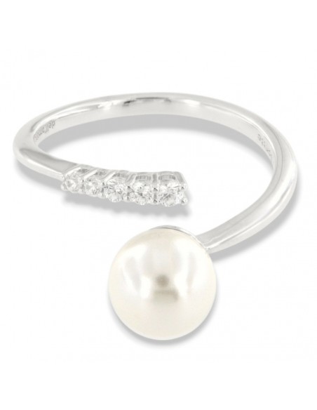 Anello Argento Rodiato Perla Gambo Aperto Zirconi Bianchi [8f559afa]