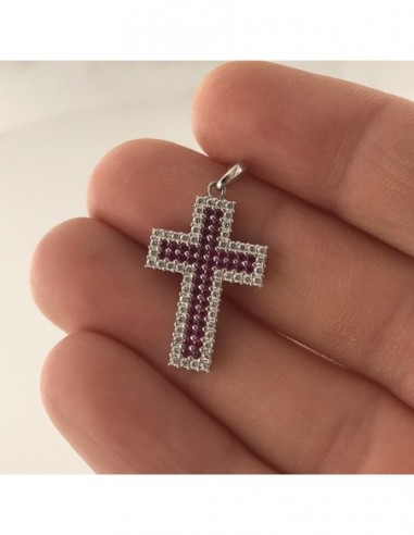 Ciondolo Argento Rodiato Croce Zirconi Fucsia Bianchi [43af82ca]