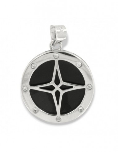 Ciondolo Argento Rodiato Rosa Dei Venti Nera Con Zirconi Sul Bordo [b783afc6]