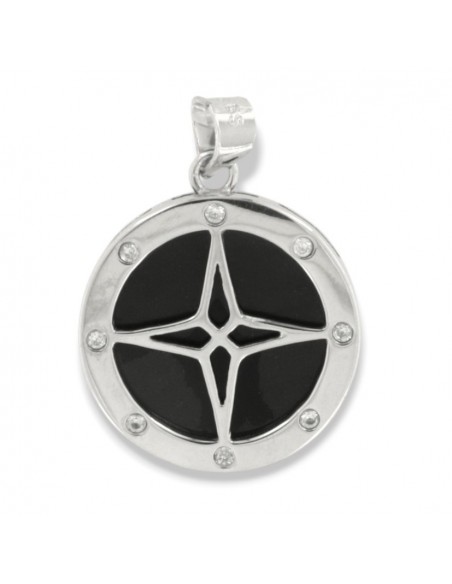 Ciondolo Argento Rodiato Rosa Dei Venti Nera Con Zirconi Sul Bordo [b783afc6]
