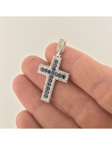 Ciondolo Argento Rodiato Croce Zirconi Blu Bianchi [57f2d874]