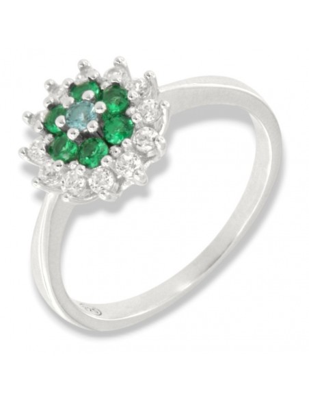 Anello Argento Rodiato Fiore Zirconi Verdi Bianchi [5ac0f760]
