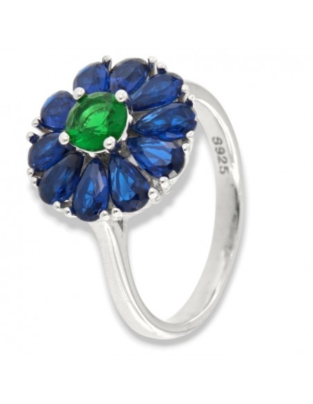 Anello Argento Rodiato Fiore Zirconi Blu Verde [b04eea7c]