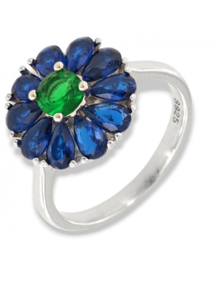 Anello Argento Rodiato Fiore Zirconi Blu Verde [9149e2d0]