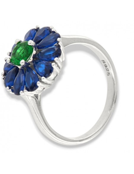 Anello Argento Rodiato Fiore Zirconi Blu Verde [9419a5ce]