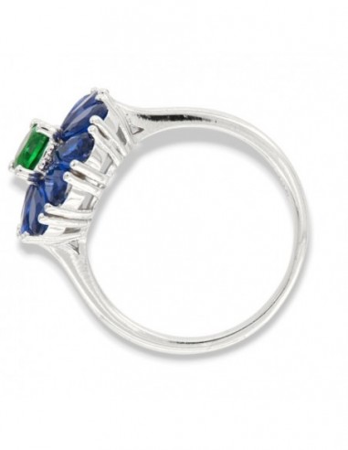 Anello Argento Rodiato Fiore Zirconi Blu Verde [230464ca]