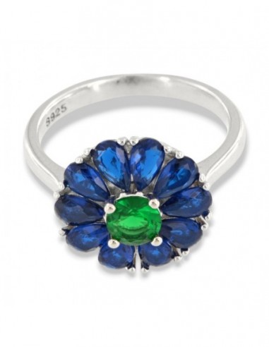 Anello Argento Rodiato Fiore Zirconi Blu Verde [fa2227c7]