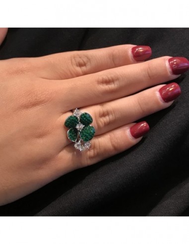Anello Argento Rodiato Fiore Zirconi Verdi Bianchi [6a22d1d4]