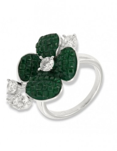 Anello Argento Rodiato Fiore Zirconi Verdi Bianchi [dd3f10d0]