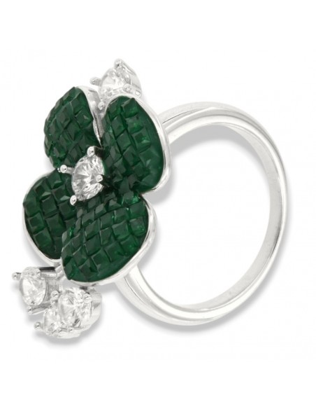 Anello Argento Rodiato Fiore Zirconi Verdi Bianchi [d86f57ce]