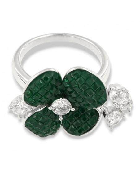Anello Argento Rodiato Fiore Zirconi Verdi Bianchi [b654d5c7]