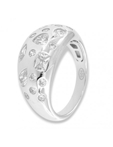 Anello Argento Rodiato Fascia Bombata Zirconi Bianchi [1ba4f618]