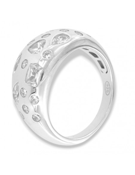 Anello Argento Rodiato Fascia Bombata Zirconi Bianchi [4322d279]