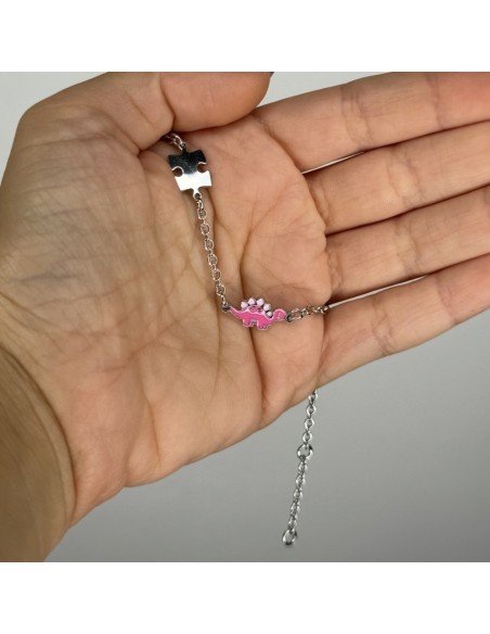 Bracciale Argento Rodiato Neonato Dinosauro Rosa [e6dab136]