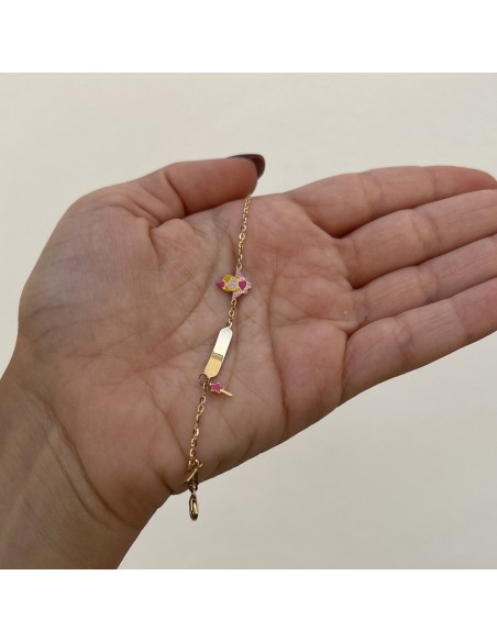 Bracciale Oro Giallo Neonato Fata Rosa Piastra Centrale [a0406a06]