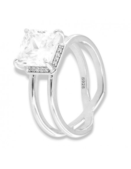 Anello Argento Rodiato Zircone Bianco 8x8 Quadrato [148d1979]