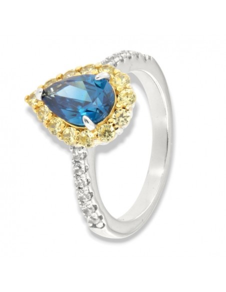 Anello Argento Rodiato Principessa Blu Goccia Corona Zirconi Gialli [a79637f9]