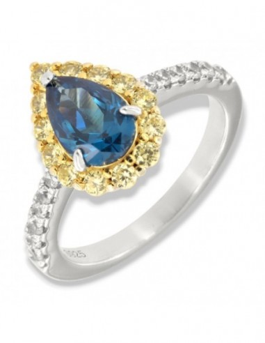 Anello Argento Rodiato Principessa Blu Goccia Corona Zirconi Gialli [46bc123d]