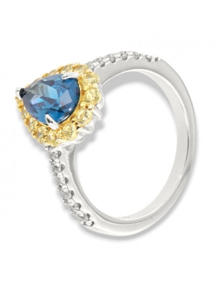 Anello Argento Rodiato Principessa Blu Goccia Corona Zirconi Gialli [43ec5523]