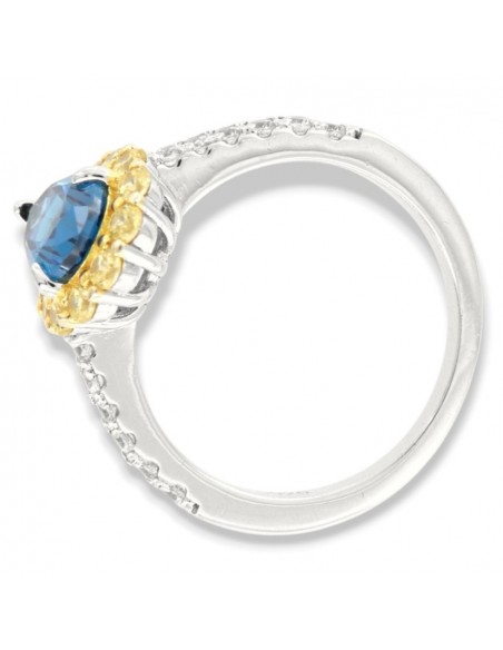 Anello Argento Rodiato Principessa Blu Goccia Corona Zirconi Gialli [f4f19427]