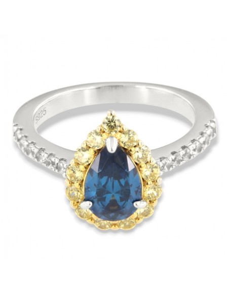 Anello Argento Rodiato Principessa Blu Goccia Corona Zirconi Gialli [2dd7d72a]