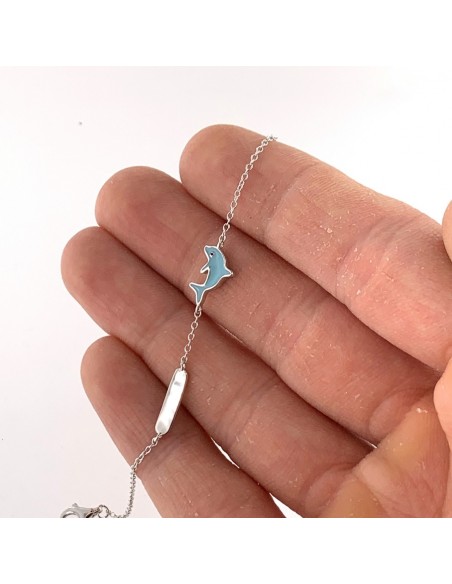 Bracciale Argento Rodiato Neonato Delfino Celeste Piastra Centrale [5e91349d]