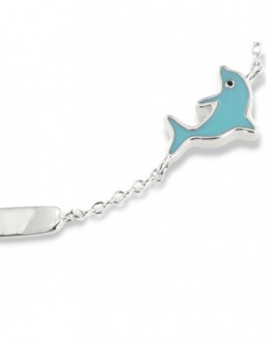 Bracciale Argento Rodiato Neonato Delfino Celeste Piastra Centrale [e98cf599]